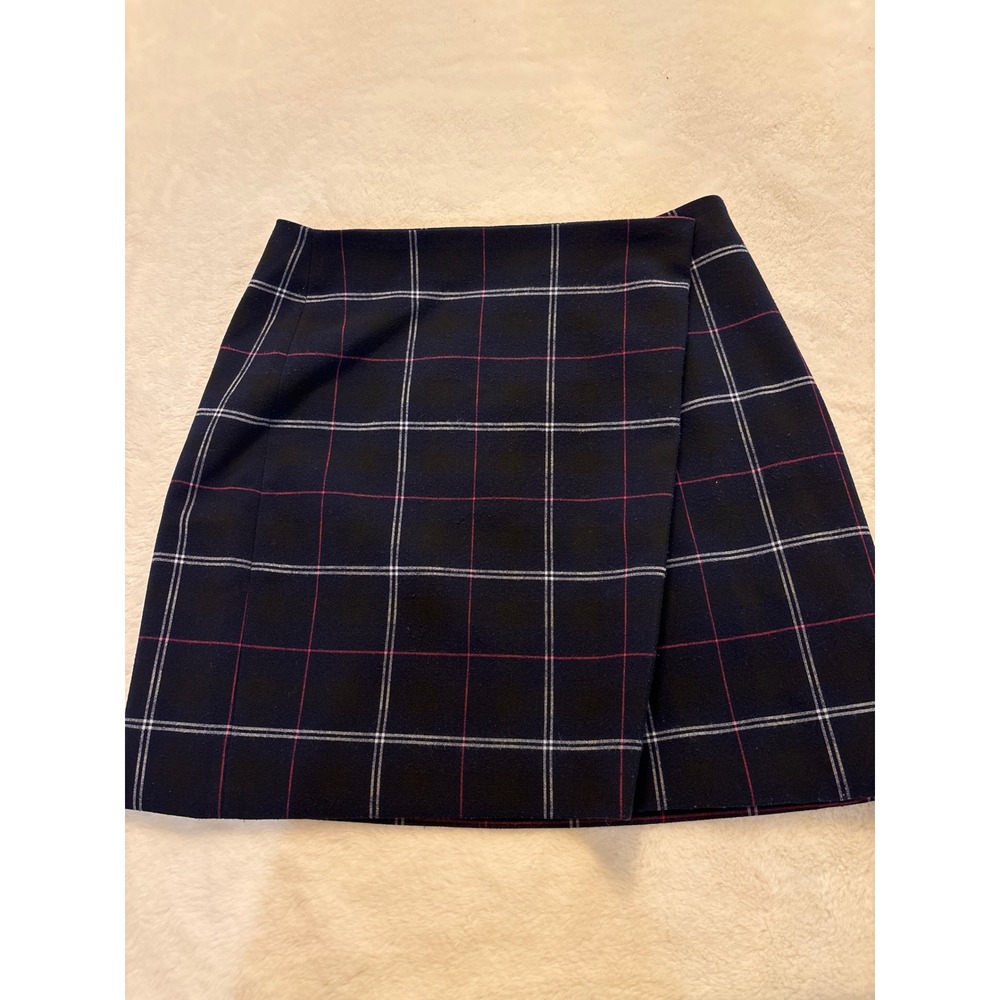 Banana Republic Navy Blue Plaid Wrap Mini Skirt Side Zip Size 2